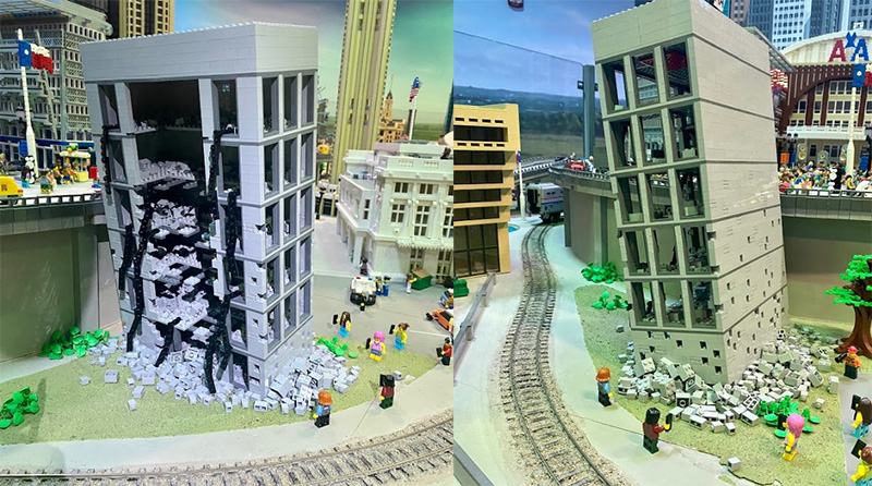 Leaning Tower of Dallas is recreated in LEGO bricks